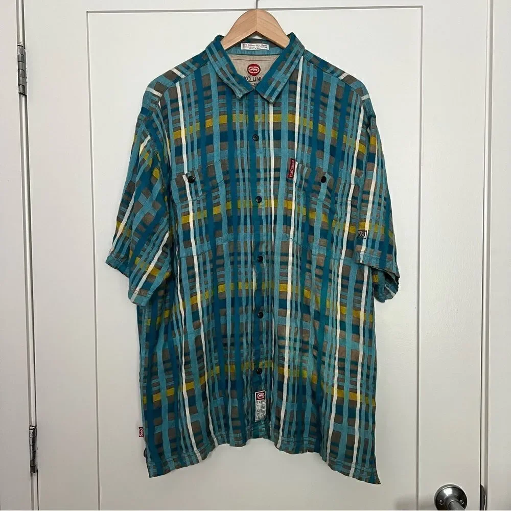 Ecko Unltd Shirt Mens XL Blue Plaid Button Up Short Sleeve Pockets Outdoor Logo